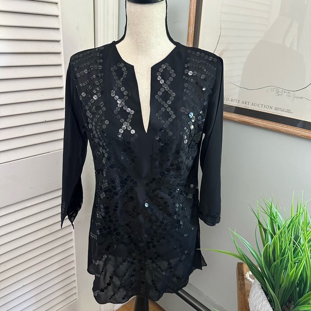 Solitaire Tunic Womens Small Black Sequin Sheer Chiffon Long Sleeve Evening